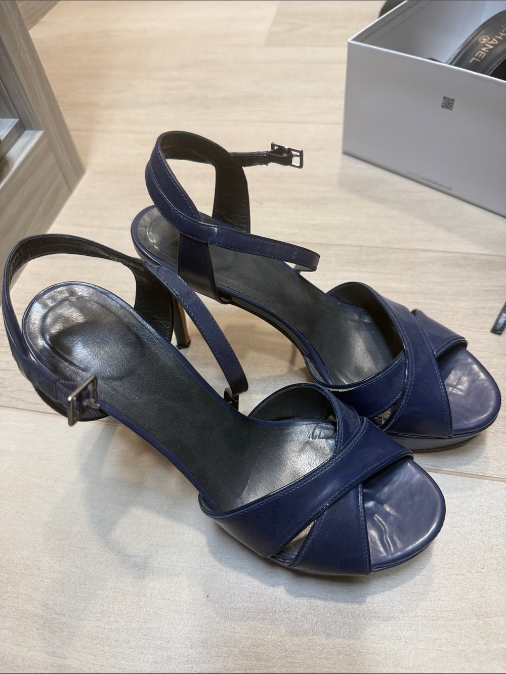 Stuart Weitzman Navy Leather Strappy High Heel Sandals